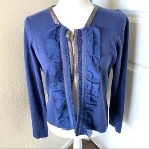 Pamela Dennis Ruffled Metallic Knit Cardigan